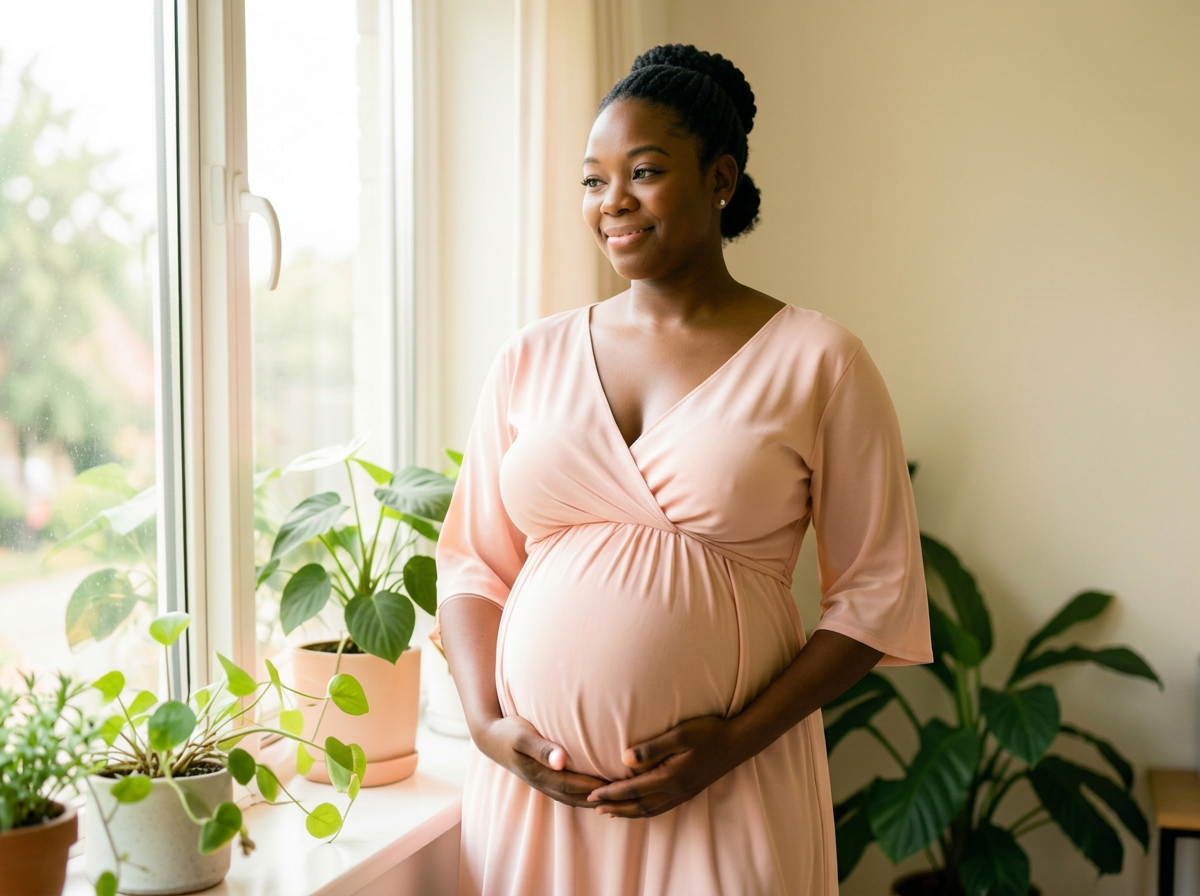 A pregnant woman standing by a bright window with plants