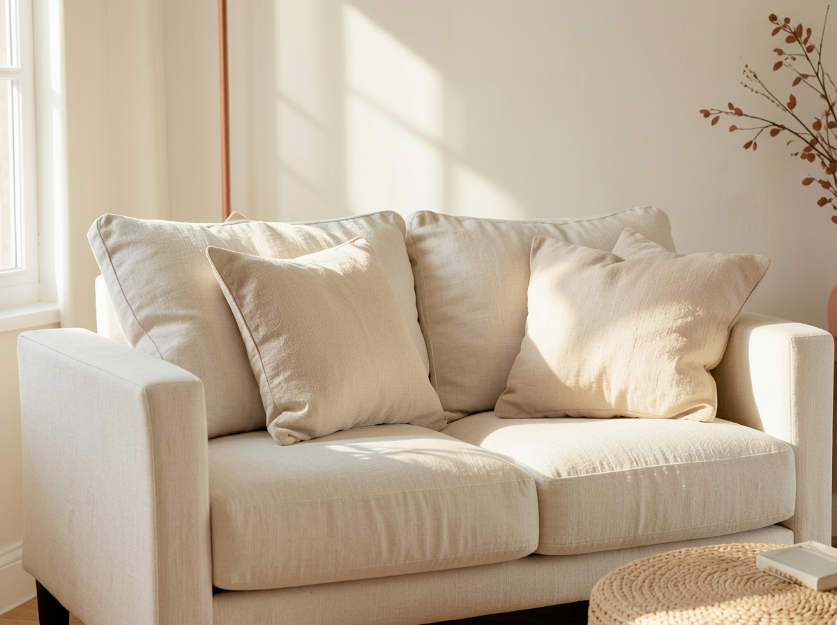 A cream linen sofa in a sunlit therapy room